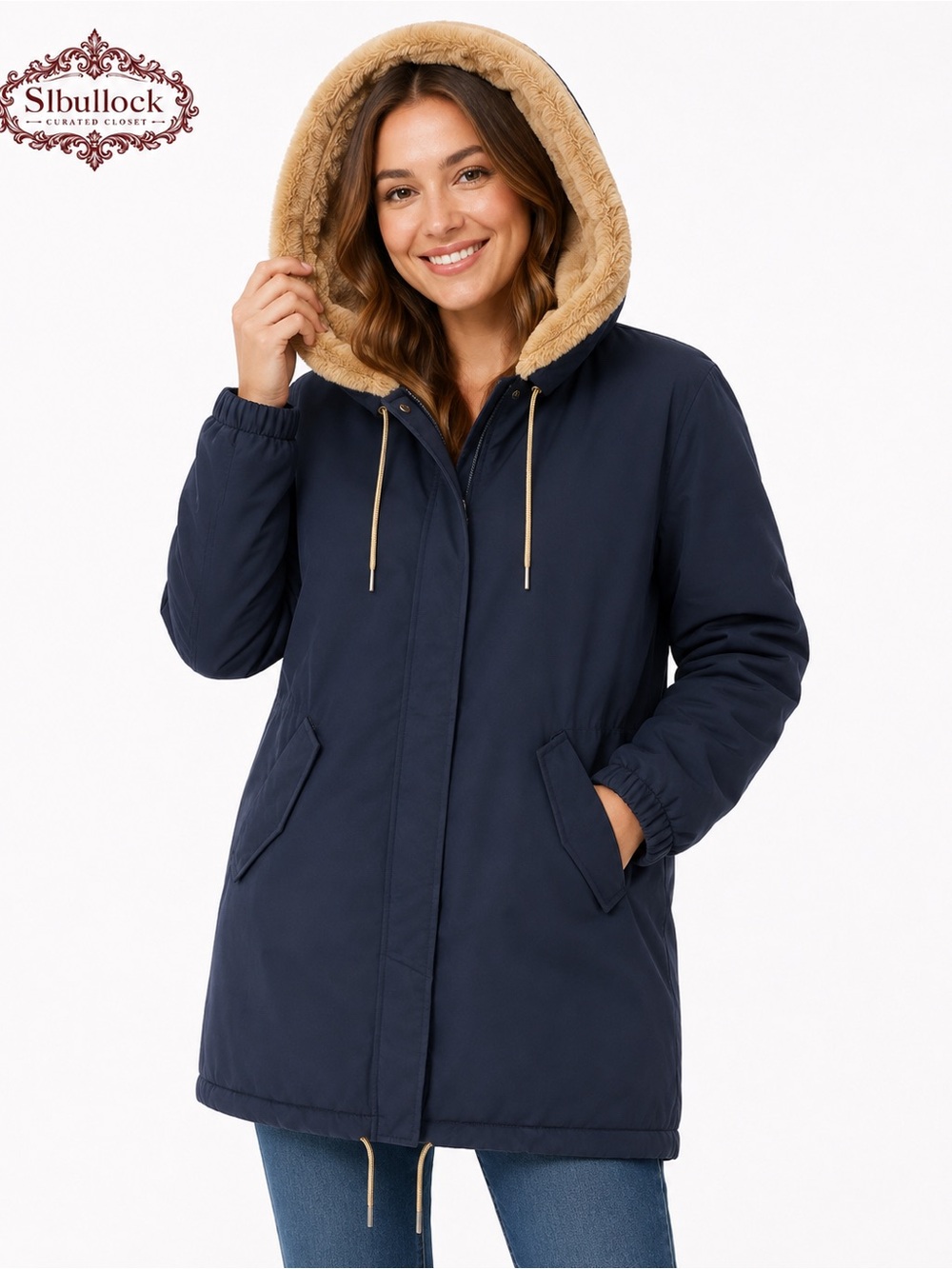 L10 Lucky Brand Size Medium Navy Faux Fur Hooded Parka Coat NWOT